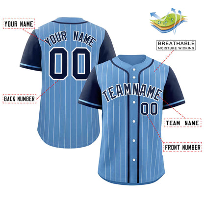 Custom Light Blue Navy-White Stripe Fashion Raglan Sleeves Authentic Baseball Jersey