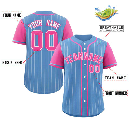 Custom Light Blue Pink-White Stripe Fashion Raglan Sleeves Authentic Baseball Jersey