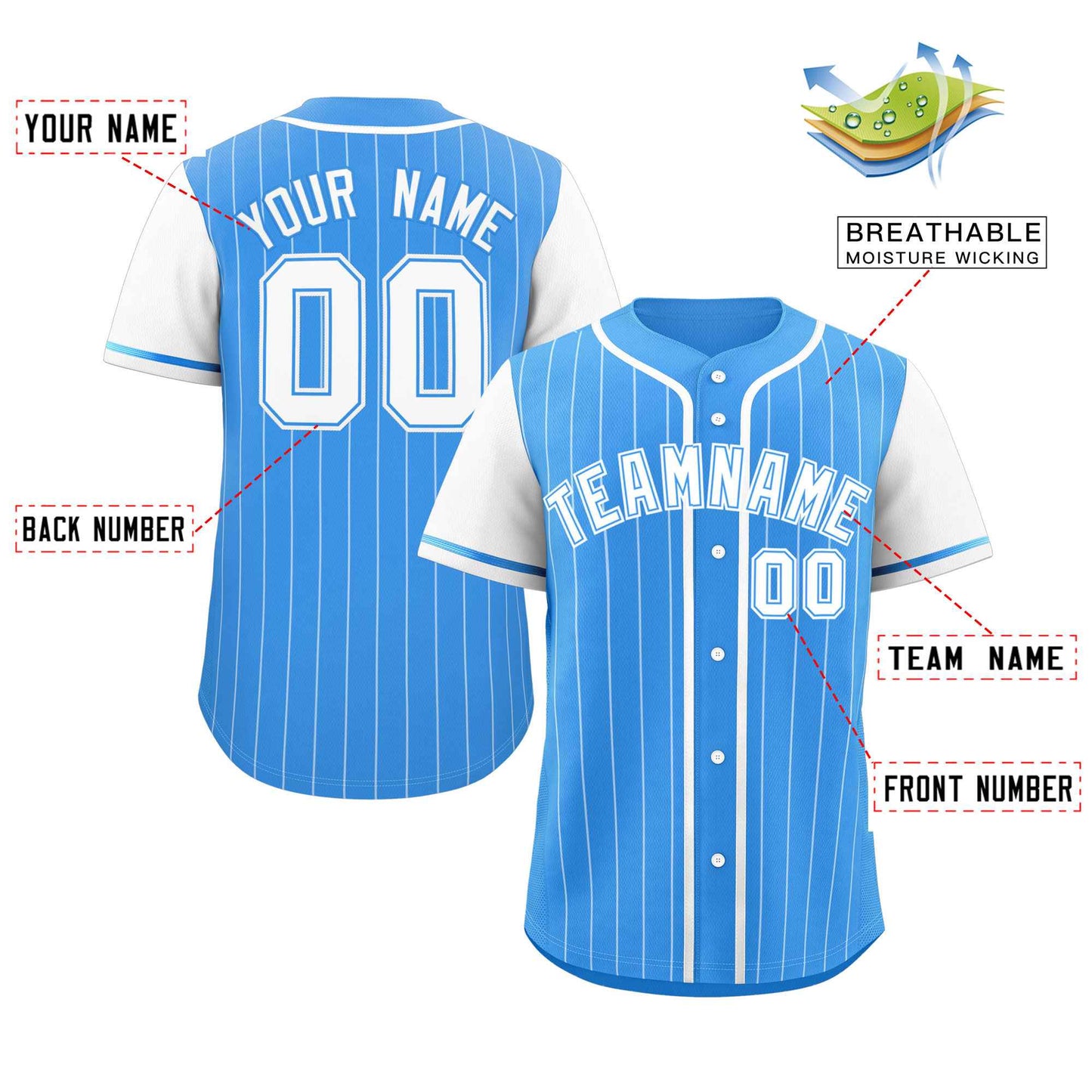 Custom Powder Blue White Stripe Fashion Raglan Sleeves Authentic Baseball Jersey