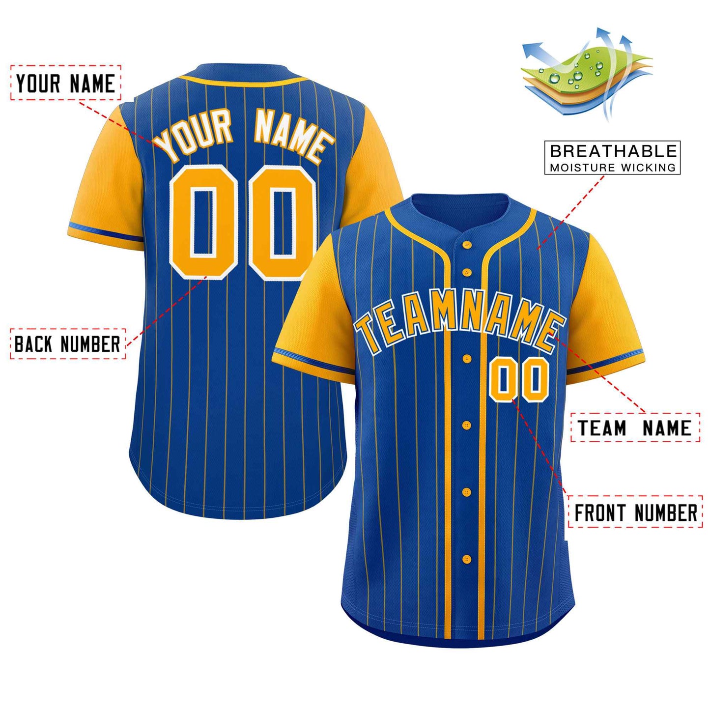 Custom Royal Yellow Stripe Fashion Raglan Sleeves Authentic Baseball Jersey