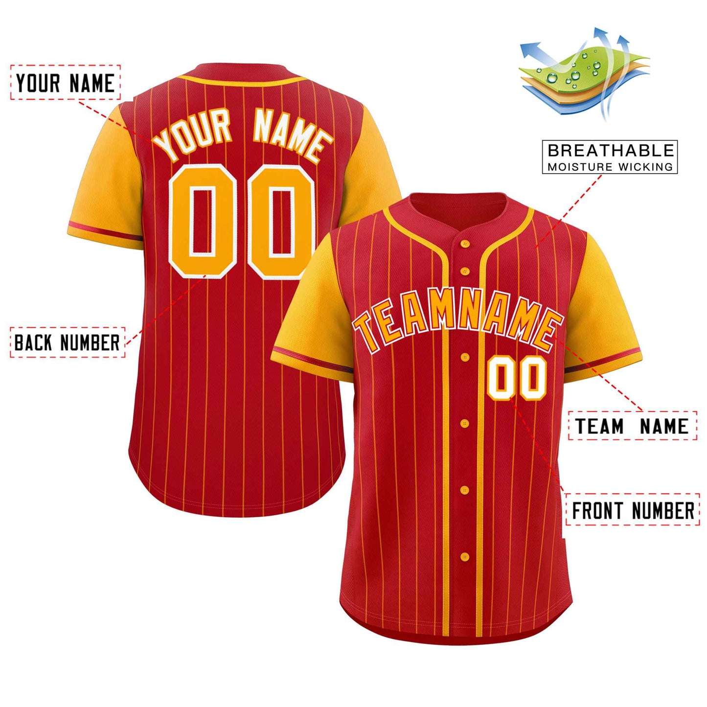 Custom Red Yellow Stripe Fashion Raglan Sleeves Authentic Baseball Jersey