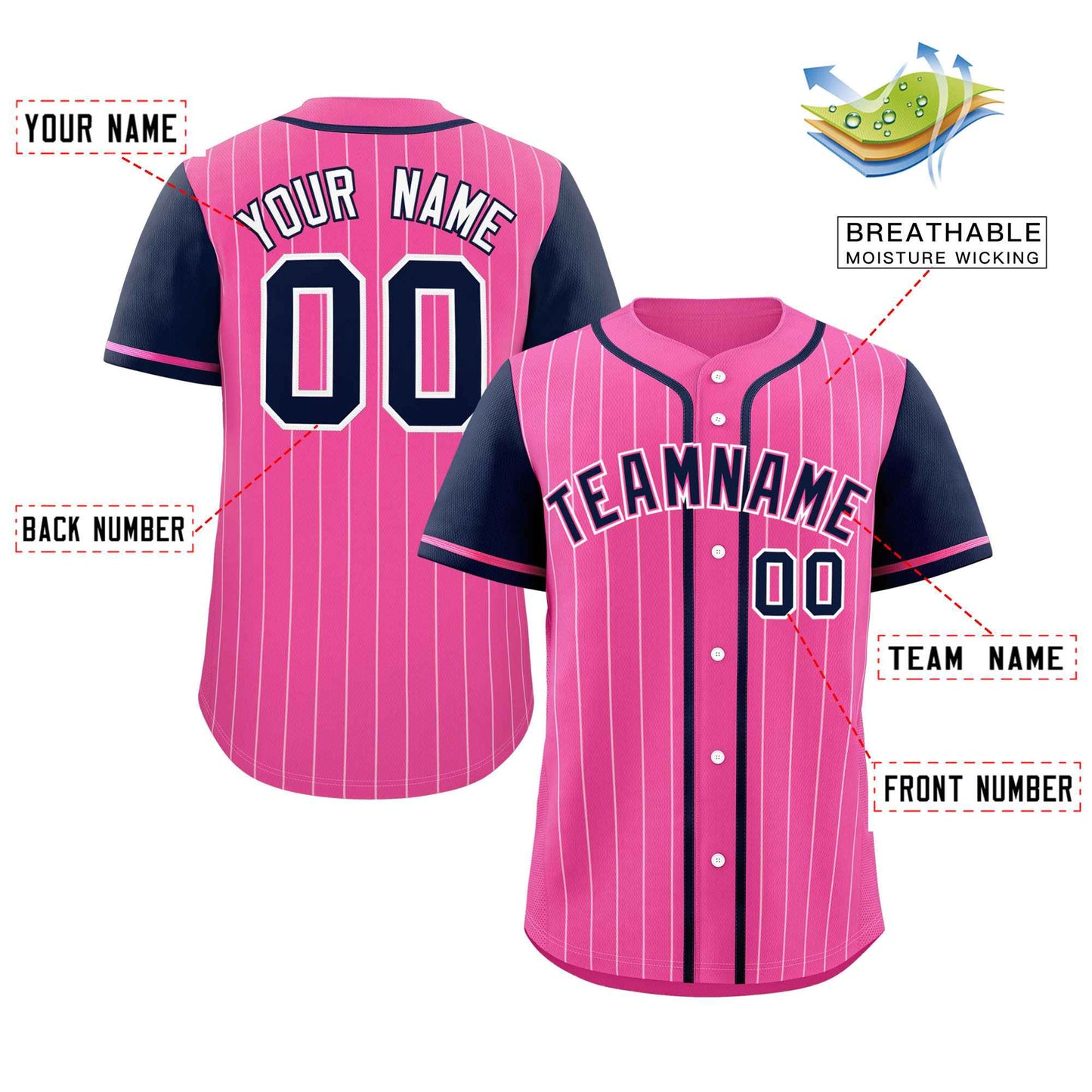 Custom Pink Navy-White Stripe Fashion Raglan Sleeves Authentic Baseball Jersey