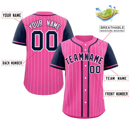 Custom Pink Navy-White Stripe Fashion Raglan Sleeves Authentic Baseball Jersey