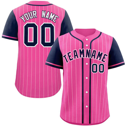 Custom Pink Navy-White Stripe Fashion Raglan Sleeves Authentic Baseball Jersey