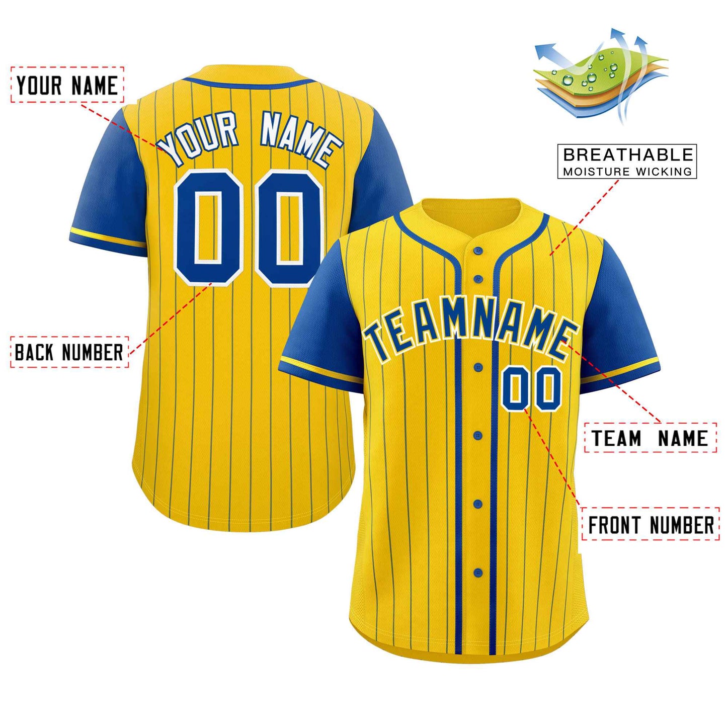 Custom Gold Royal Stripe Fashion Raglan Sleeves Authentic Baseball Jersey