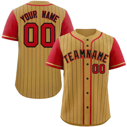 Custom Old Gold Red-Black Stripe Fashion Raglan Sleeves Authentic Baseball Jersey