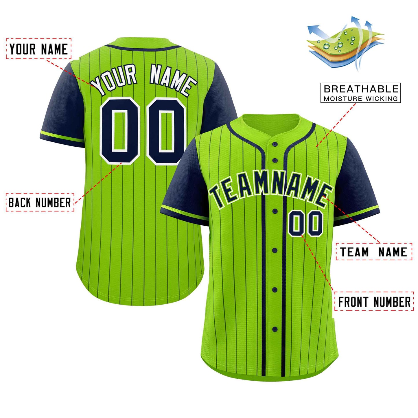 Custom Neon Green Navy Stripe Fashion Raglan Sleeves Authentic Baseball Jersey