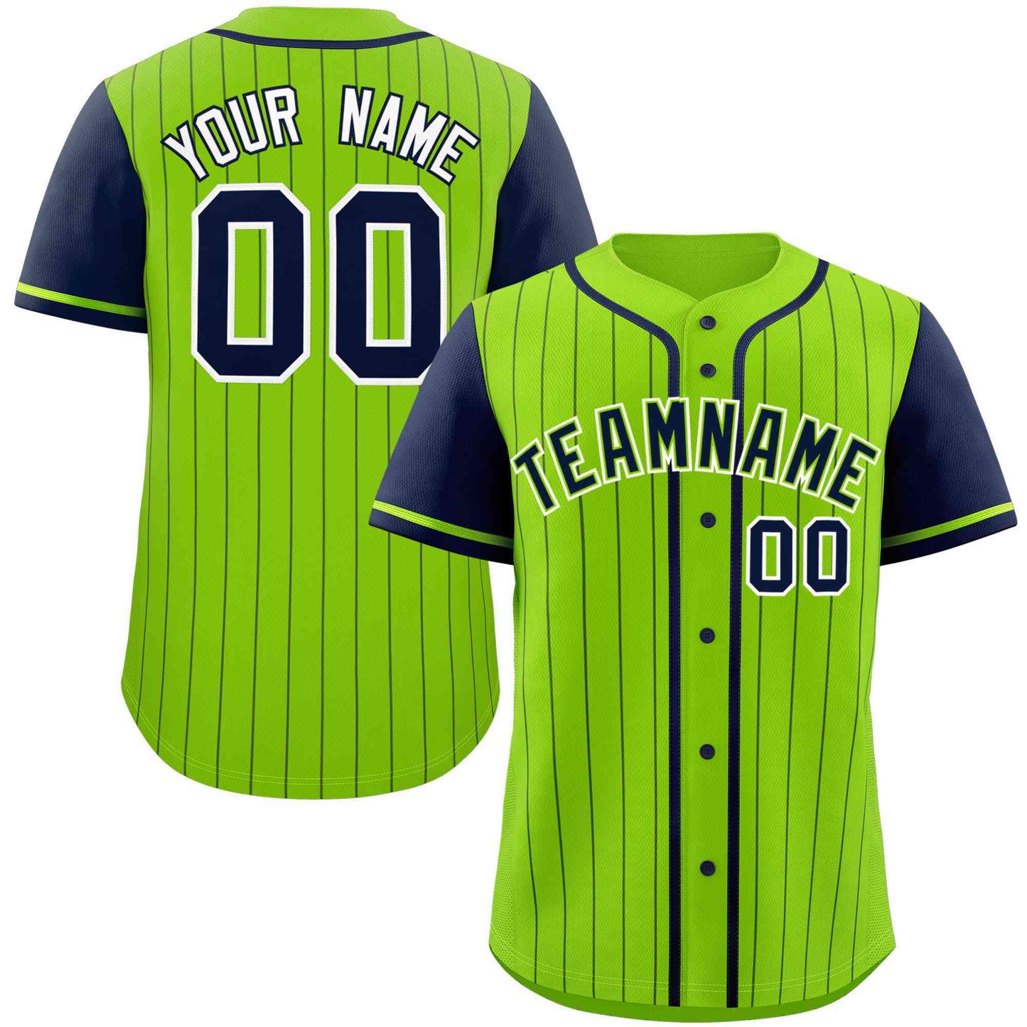 Custom Neon Green Navy Stripe Fashion Raglan Sleeves Authentic Baseball Jersey