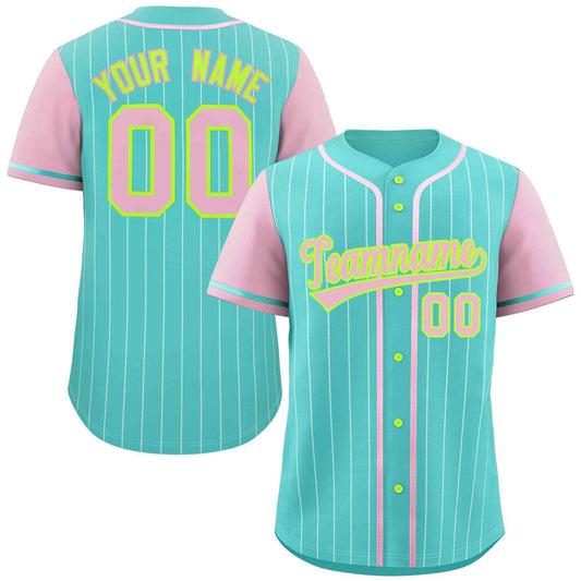 Custom Aqua Pink-White Stripe Fashion Raglan Sleeves Authentic Baseball Jersey