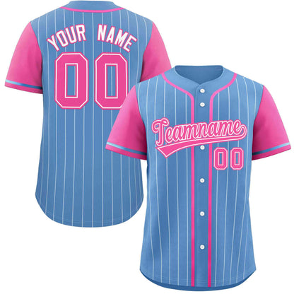 Custom Light Blue Pink-White Stripe Fashion Raglan Sleeves Authentic Baseball Jersey