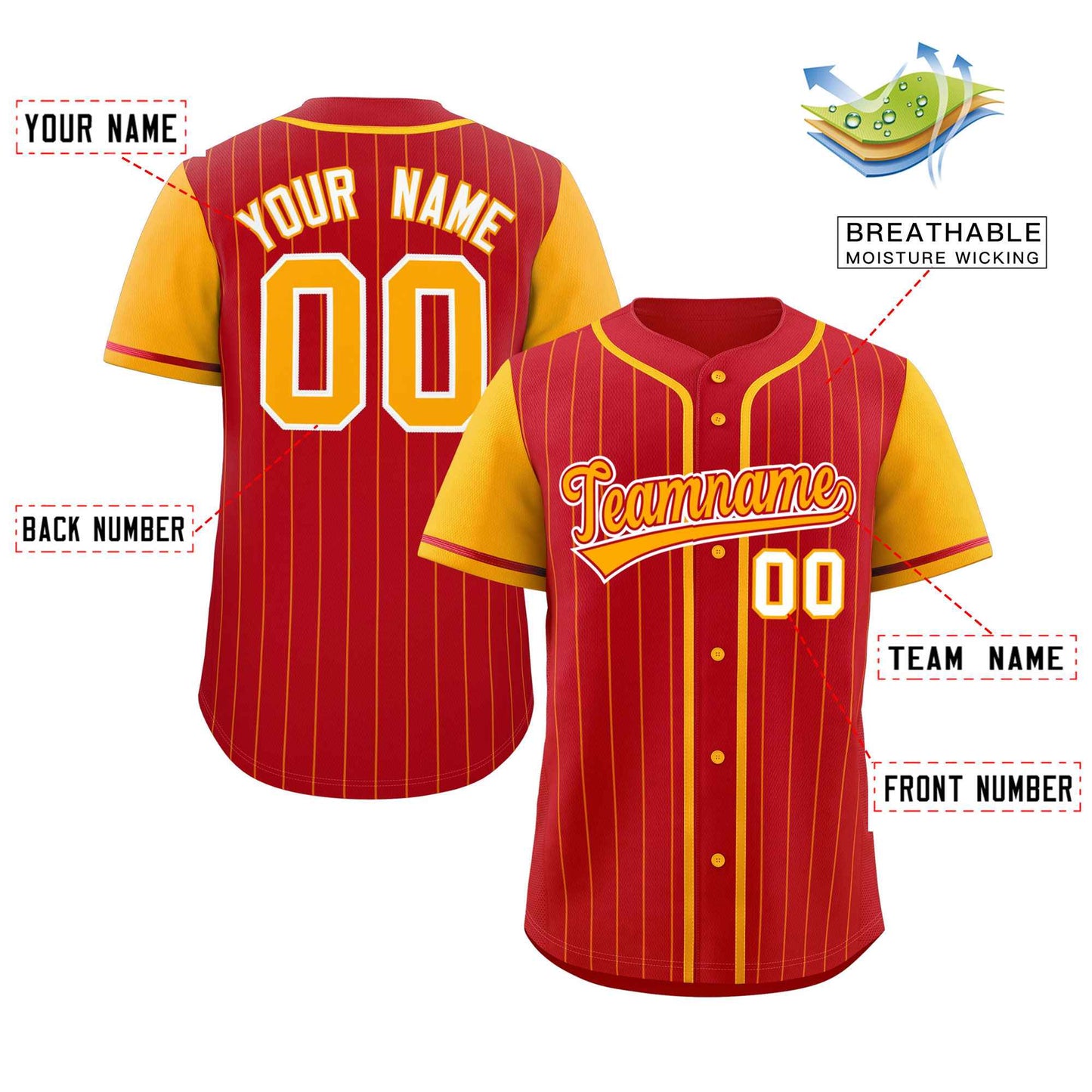 Custom Red Yellow Stripe Fashion Raglan Sleeves Authentic Baseball Jersey