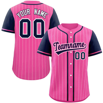 Custom Pink Navy-White Stripe Fashion Raglan Sleeves Authentic Baseball Jersey