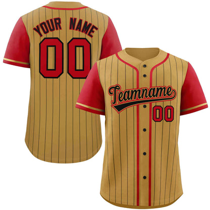 Custom Old Gold Red-Black Stripe Fashion Raglan Sleeves Authentic Baseball Jersey