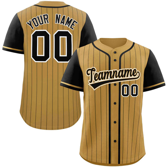 Custom Old Gold Black Stripe Fashion Raglan Sleeves Authentic Baseball Jersey