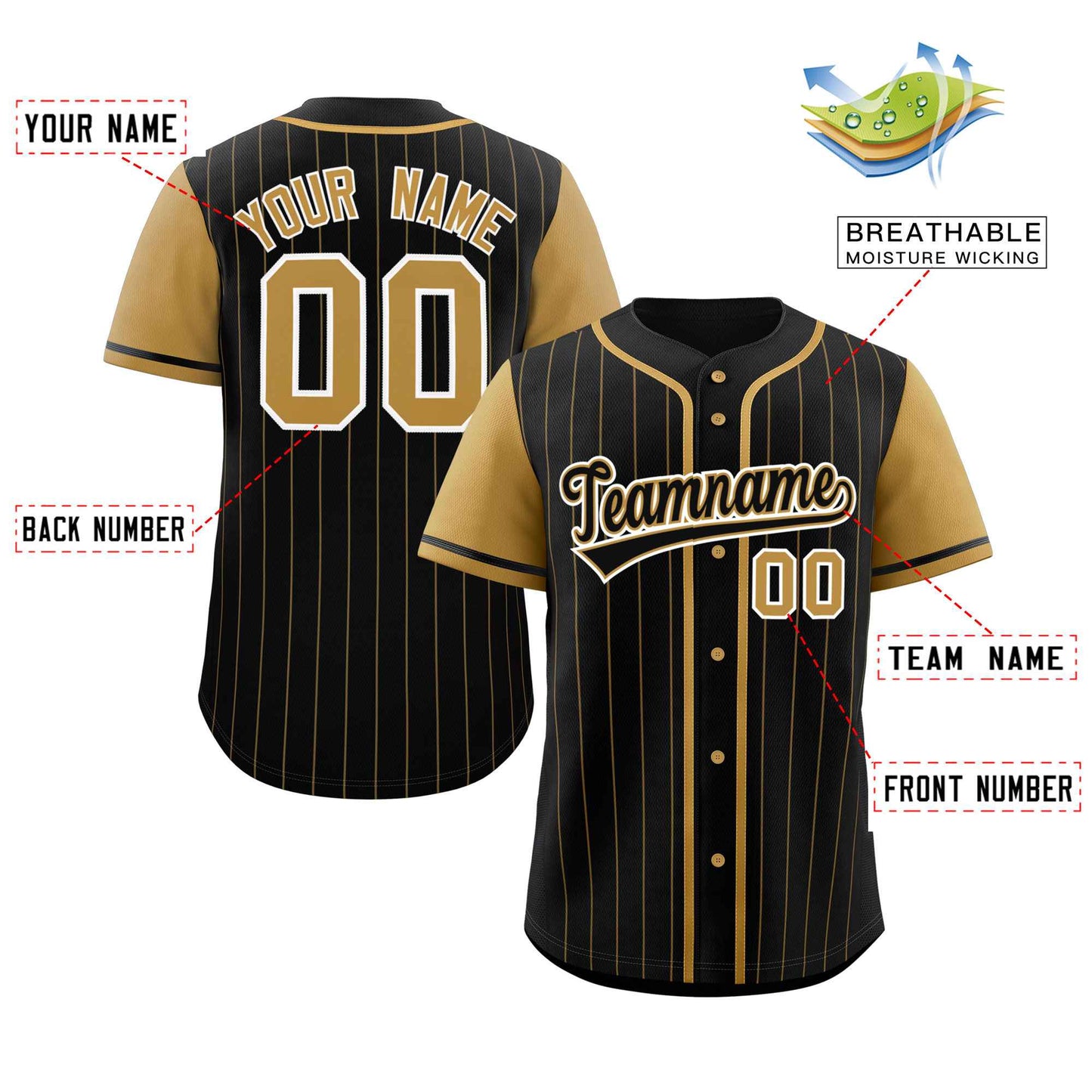 Custom Black Old Gold Stripe Fashion Raglan Sleeves Authentic Baseball Jersey