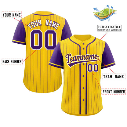 Custom Gold Purple Stripe Fashion Raglan Sleeves Authentic Baseball Jersey