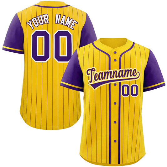 Custom Gold Purple Stripe Fashion Raglan Sleeves Authentic Baseball Jersey