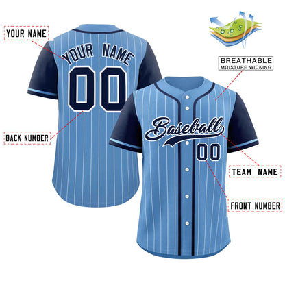 Custom Light Blue Navy-White Stripe Fashion Raglan Sleeves Authentic Baseball Jersey