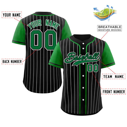 Custom Black Kelly Green-White Stripe Fashion Raglan Sleeves Authentic Baseball Jersey