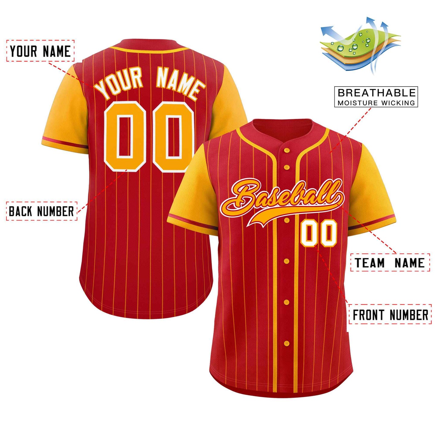 Custom Red Yellow Stripe Fashion Raglan Sleeves Authentic Baseball Jersey