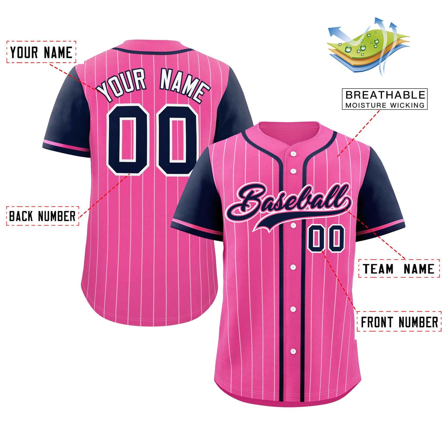 Custom Pink Navy-White Stripe Fashion Raglan Sleeves Authentic Baseball Jersey