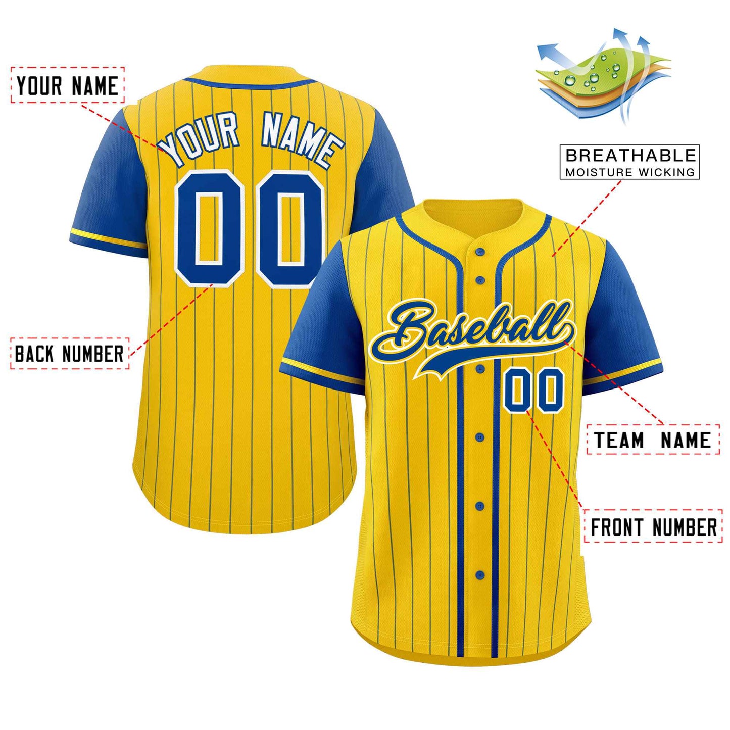 Custom Gold Royal Stripe Fashion Raglan Sleeves Authentic Baseball Jersey