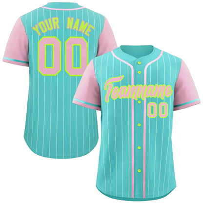 Custom Aqua Pink-White Stripe Fashion Raglan Sleeves Authentic Baseball Jersey