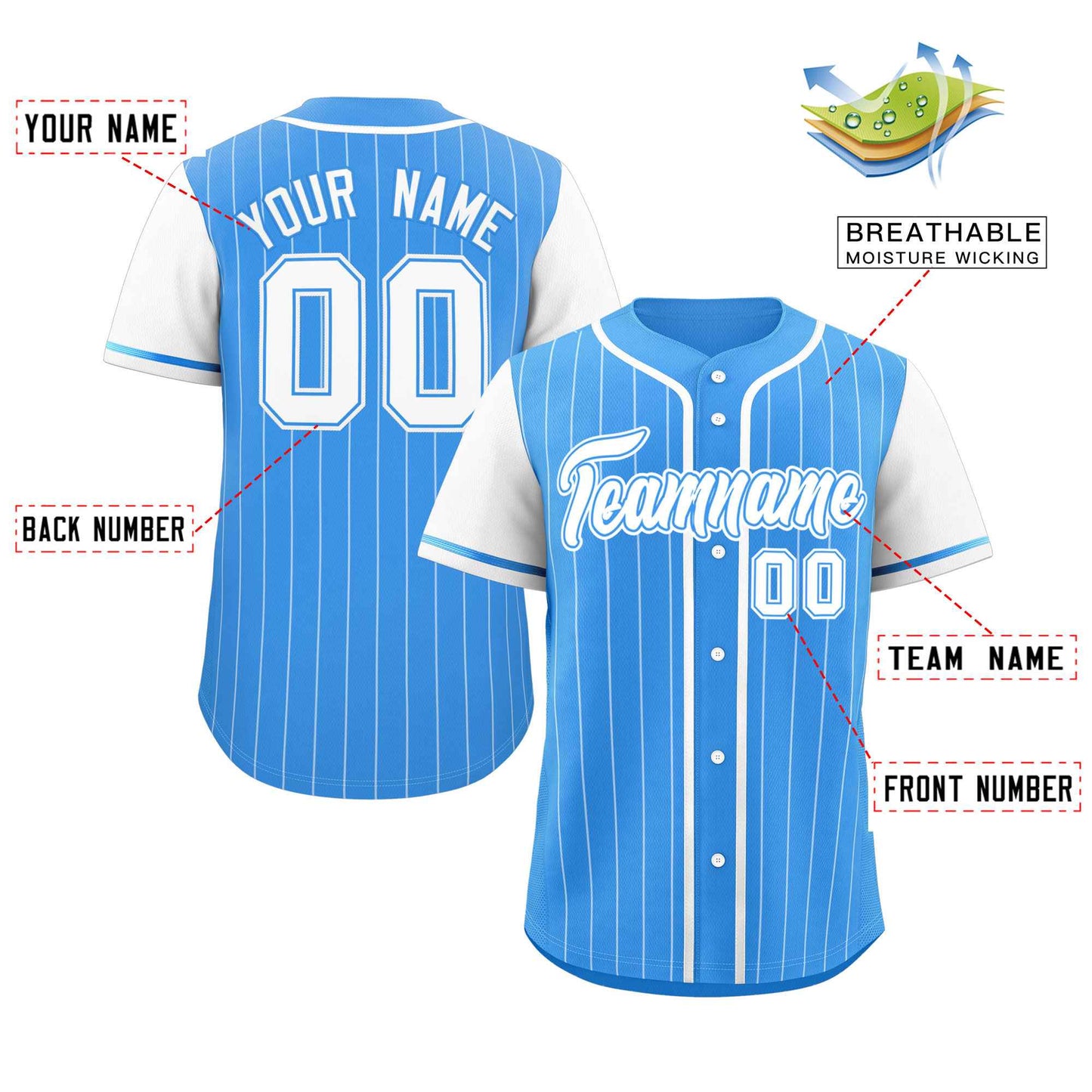 Custom Powder Blue White Stripe Fashion Raglan Sleeves Authentic Baseball Jersey