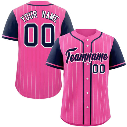 Custom Pink Navy-White Stripe Fashion Raglan Sleeves Authentic Baseball Jersey