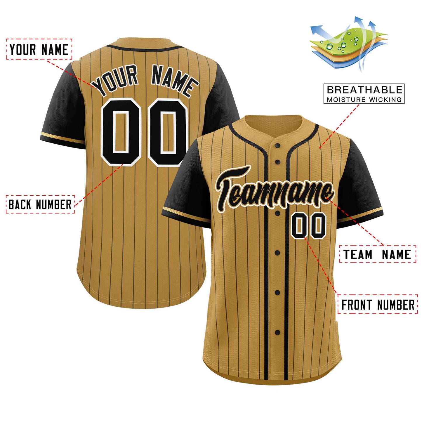 Custom Old Gold Black Stripe Fashion Raglan Sleeves Authentic Baseball Jersey