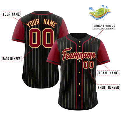 Custom Black Crimson-Khaki Stripe Fashion Raglan Sleeves Authentic Baseball Jersey