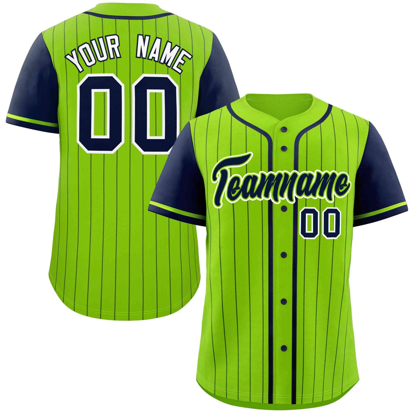 Custom Neon Green Navy Stripe Fashion Raglan Sleeves Authentic Baseball Jersey