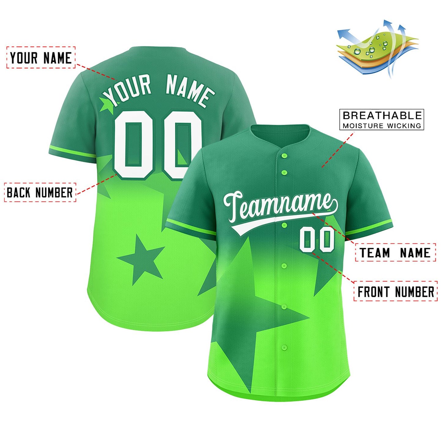 Custom Kelly Green-Lt Green Gradient Star Graffiti Pattern Authentic Baseball Jersey