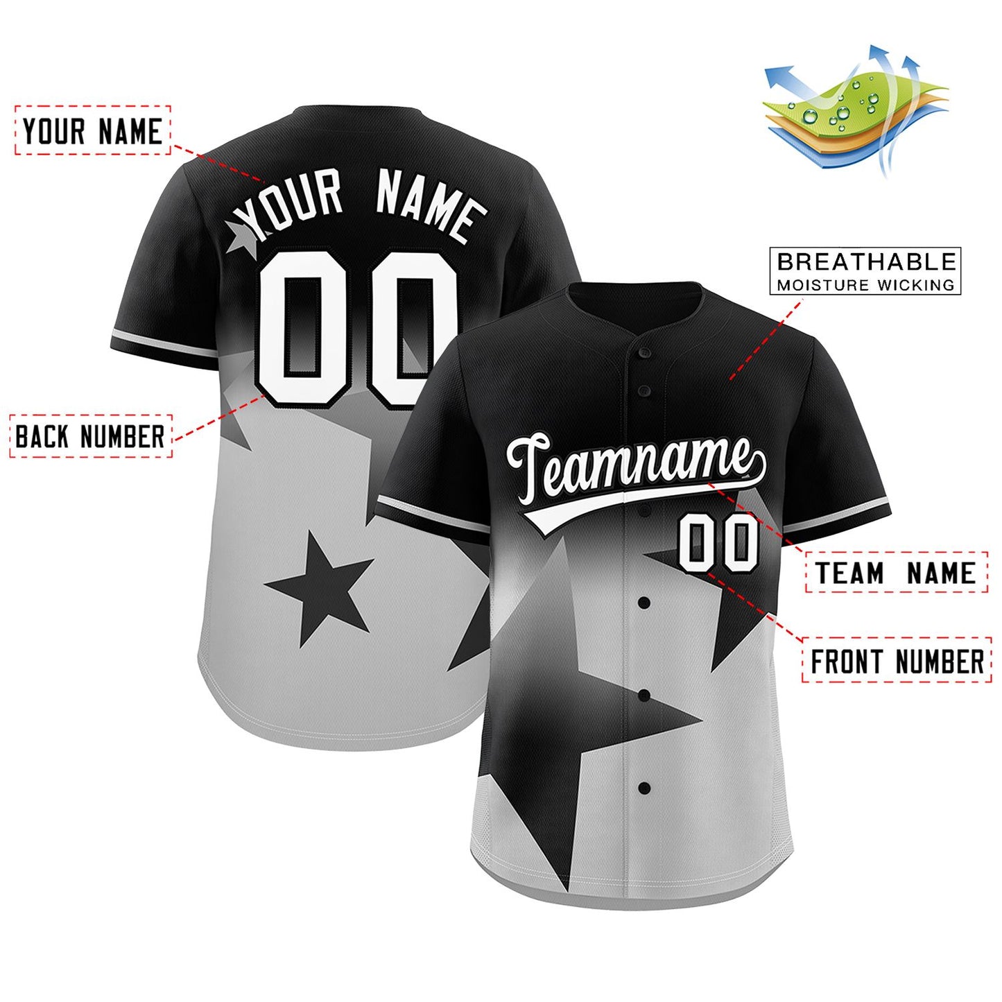 Custom Black Gray Gradient Star Graffiti Pattern Authentic Baseball Jersey