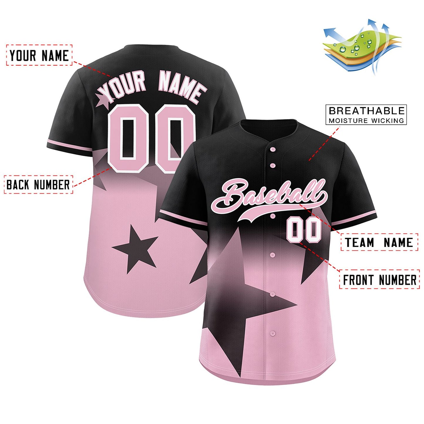 Custom Black Pink Gradient Star Graffiti Pattern Authentic Baseball Jersey