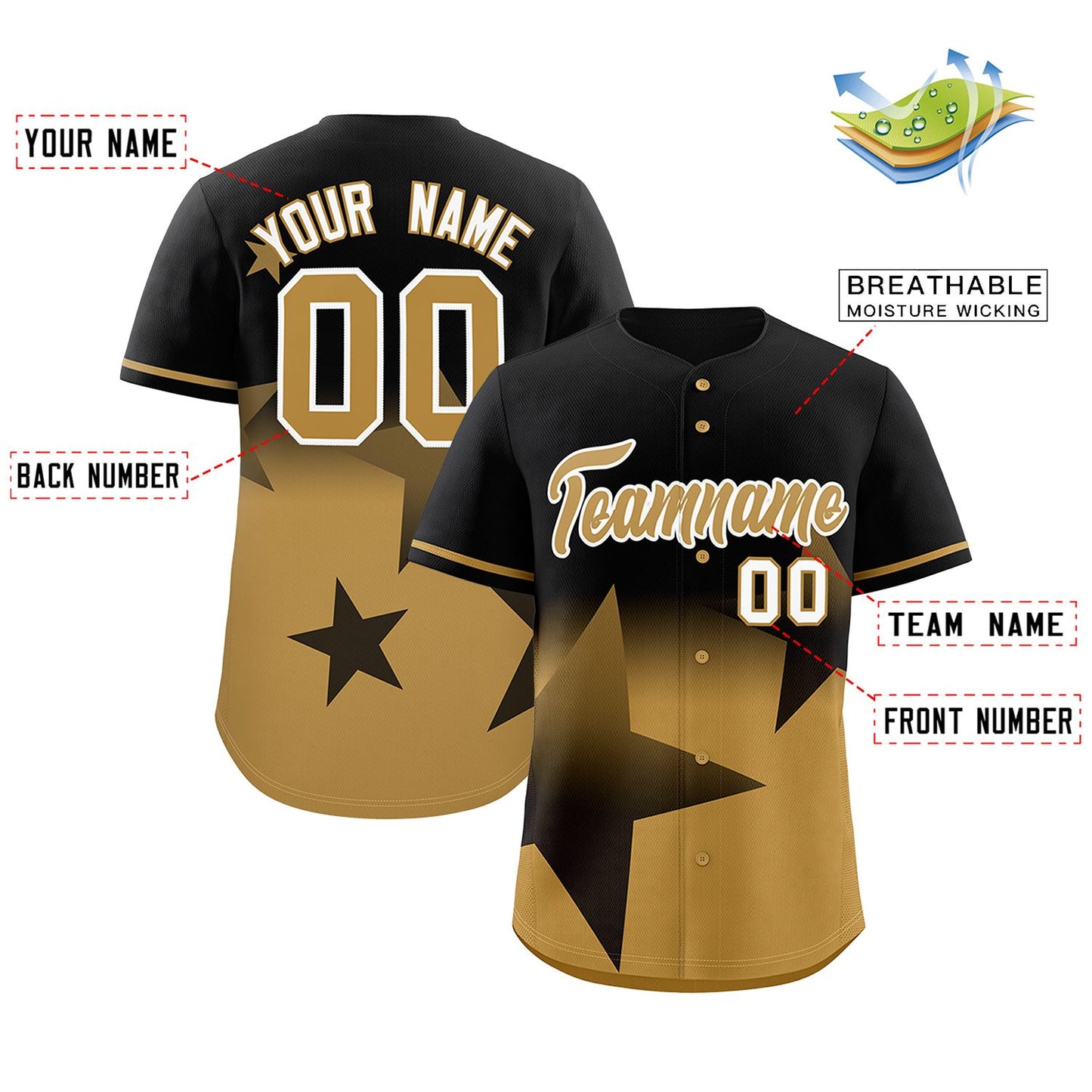 Custom Black Old Gold Gradient Star Graffiti Pattern Authentic Baseball Jersey