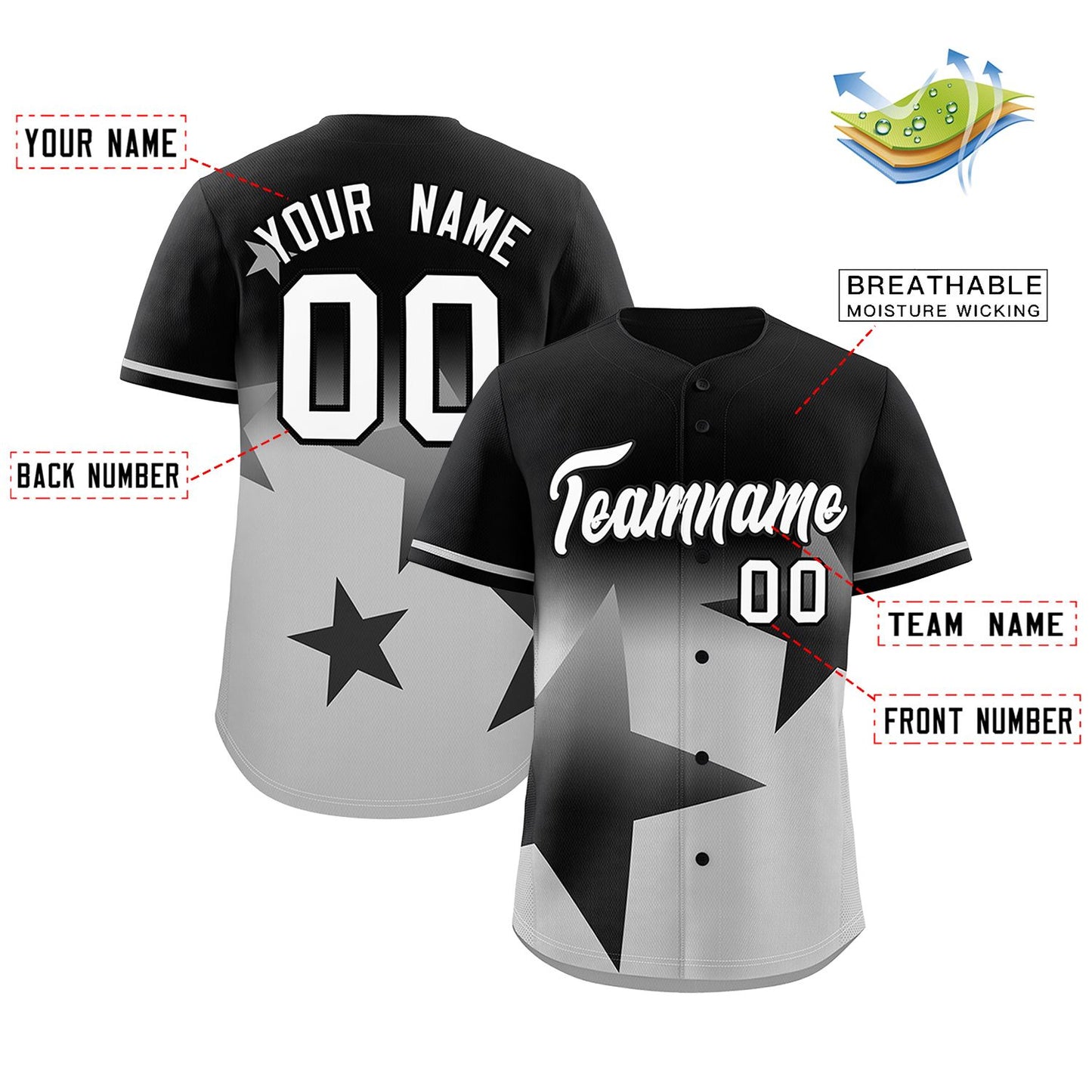 Custom Black Gray Gradient Star Graffiti Pattern Authentic Baseball Jersey