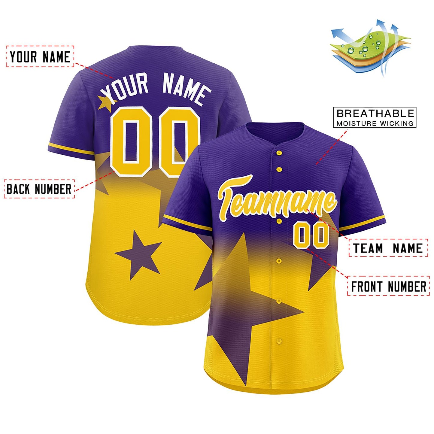 Custom Purple Yellow Gradient Star Graffiti Pattern Authentic Baseball Jersey