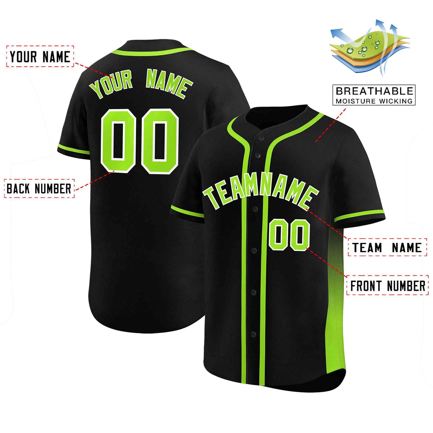 Custom Black Neon Green Personalized Gradient Side Design Authentic Baseball Jersey