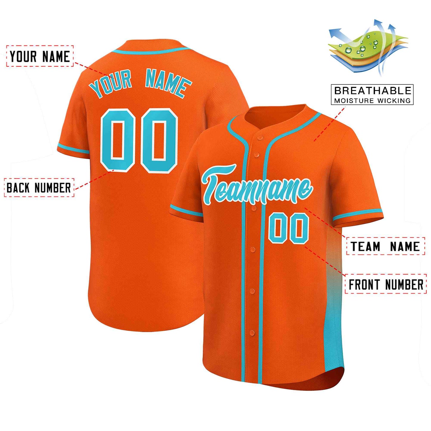 Custom Orange Aqua Personalized Gradient Side Design Authentic Baseball Jersey