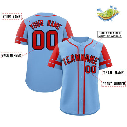 Custom Powder Blue Red Personalized Raglan Sleeves Authentic Baseball Jersey