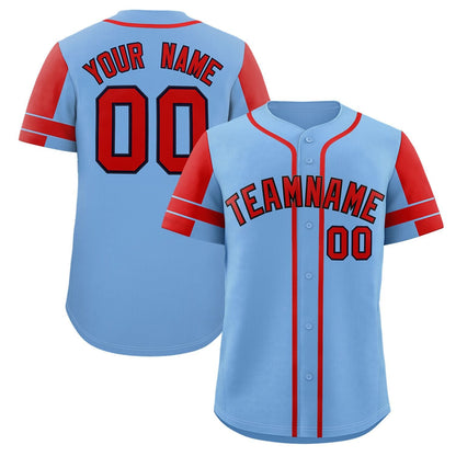 Custom Powder Blue Red Personalized Raglan Sleeves Authentic Baseball Jersey