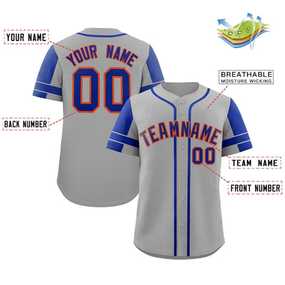 Custom Gray Royal Personalized Raglan Sleeves Authentic Baseball Jersey