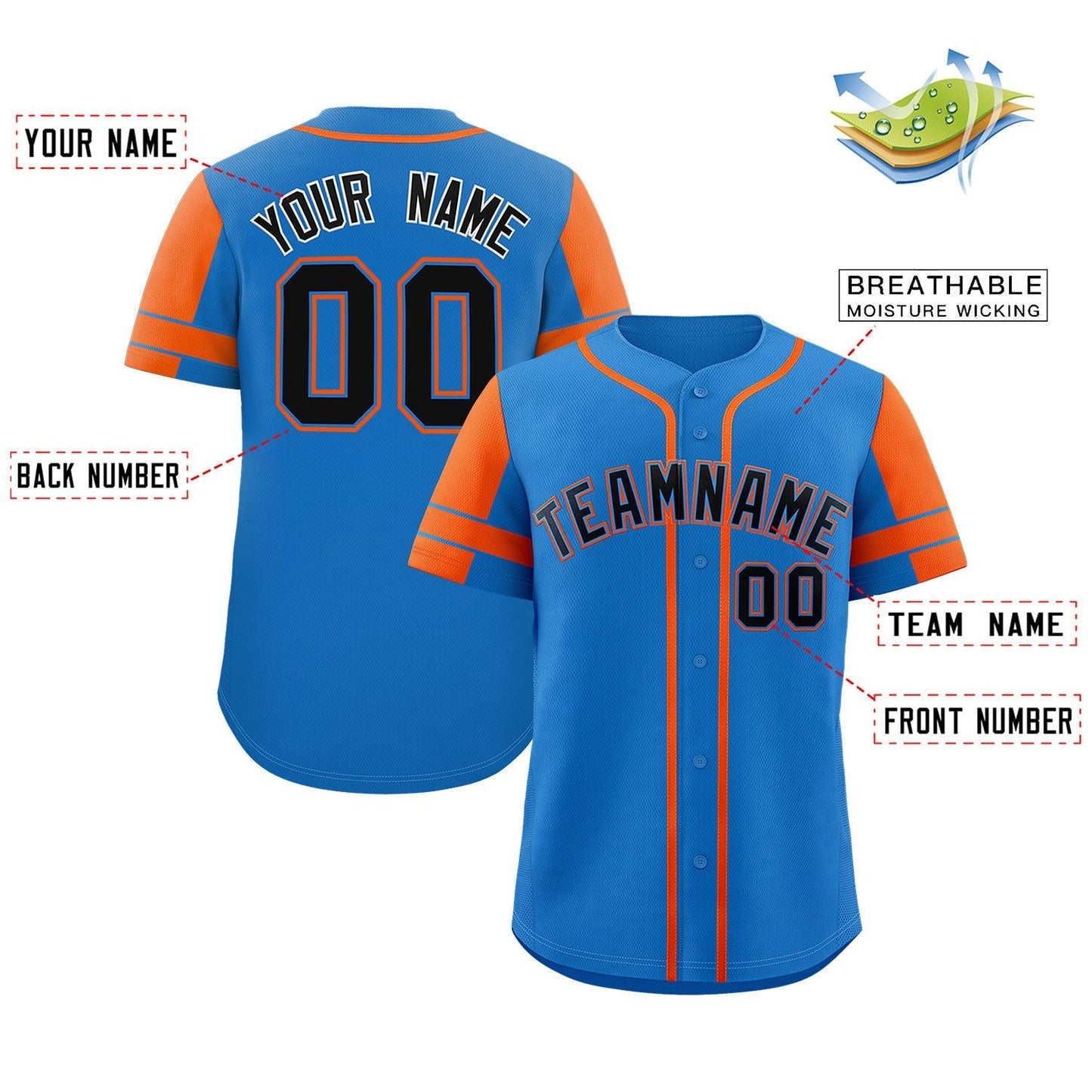 Custom Powder Blue Orange Personalized Raglan Sleeves Authentic Baseball Jersey