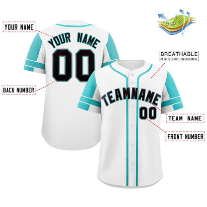 Custom White Aqua Personalized Raglan Sleeves Authentic Baseball Jersey