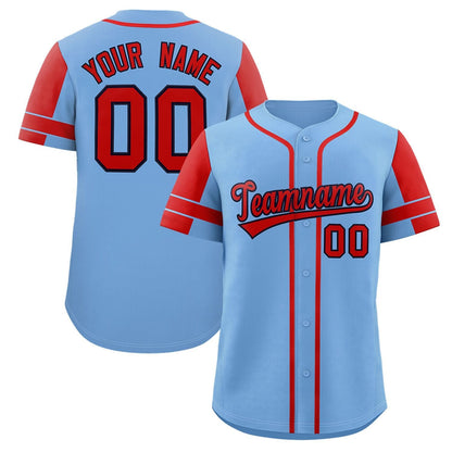 Custom Powder Blue Red Personalized Raglan Sleeves Authentic Baseball Jersey