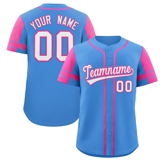 Custom Powder Blue Pink Personalized Raglan Sleeves Authentic Baseball Jersey