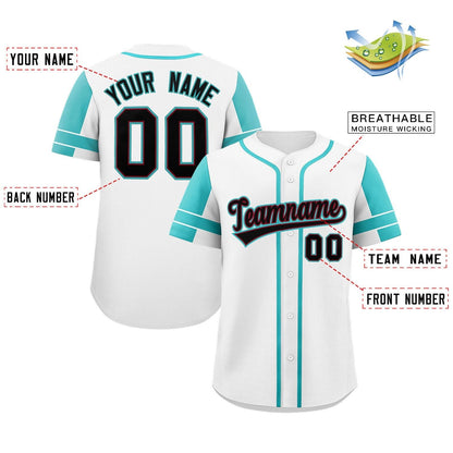 Custom White Aqua Personalized Raglan Sleeves Authentic Baseball Jersey