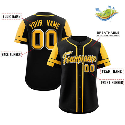 Custom Black Yellow Personalized Raglan Sleeves Authentic Baseball Jersey