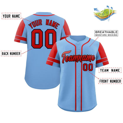 Custom Powder Blue Red Personalized Raglan Sleeves Authentic Baseball Jersey